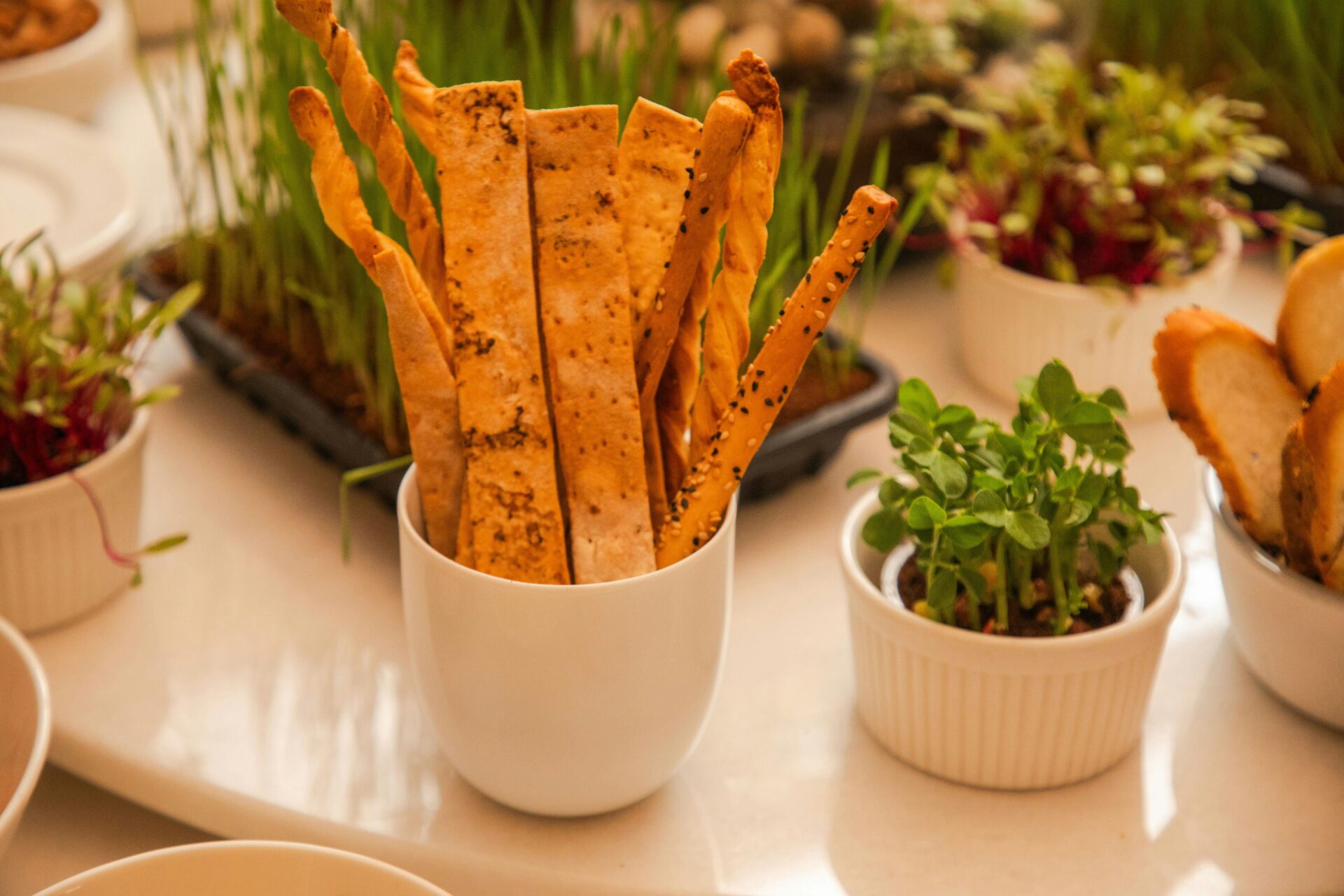 Ästhetische Präsentation von handwerklich hergestellten Grissini und frischen Microgreens in eleganten weißen Bechern.